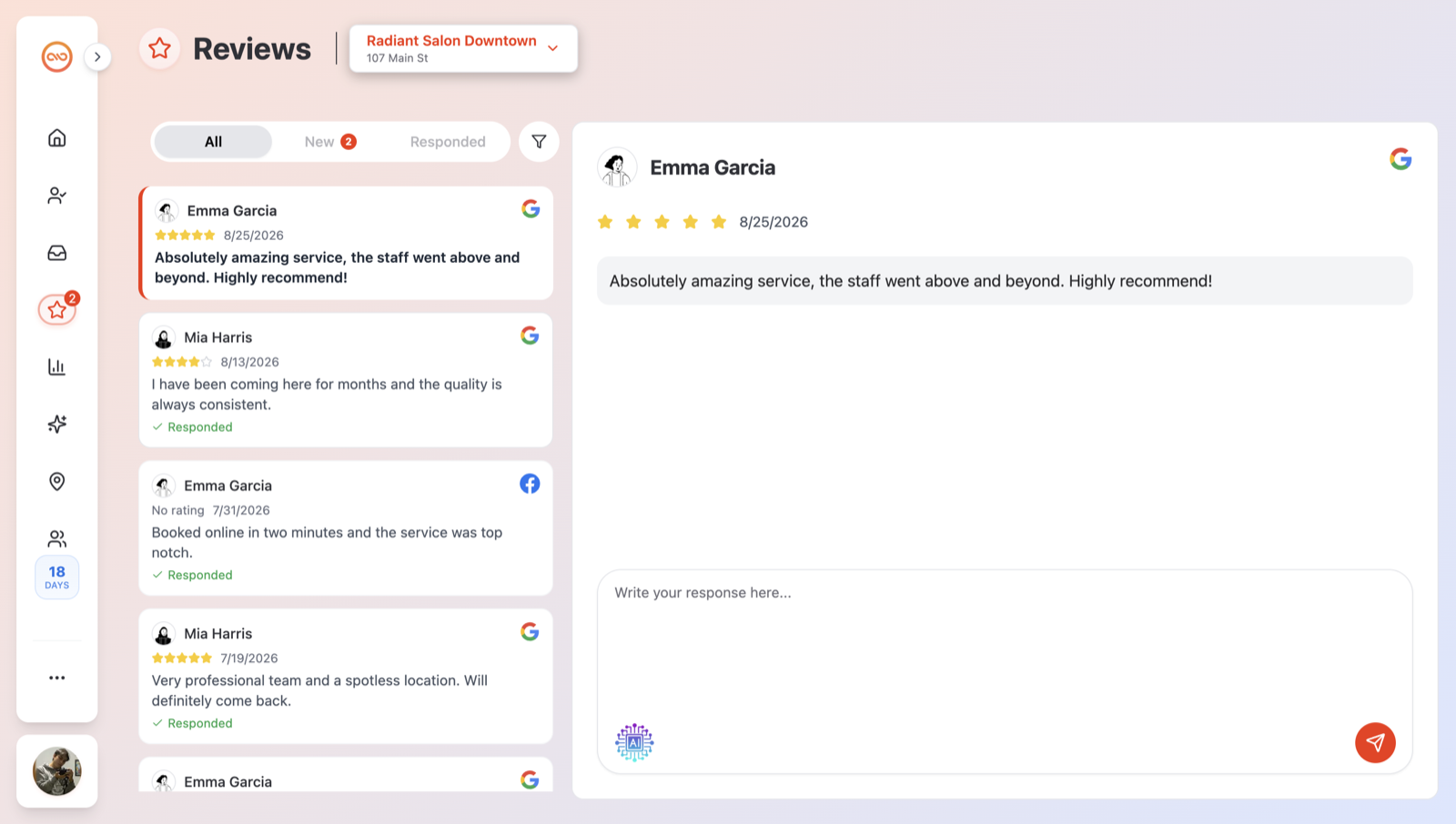Reviews page with the review list
