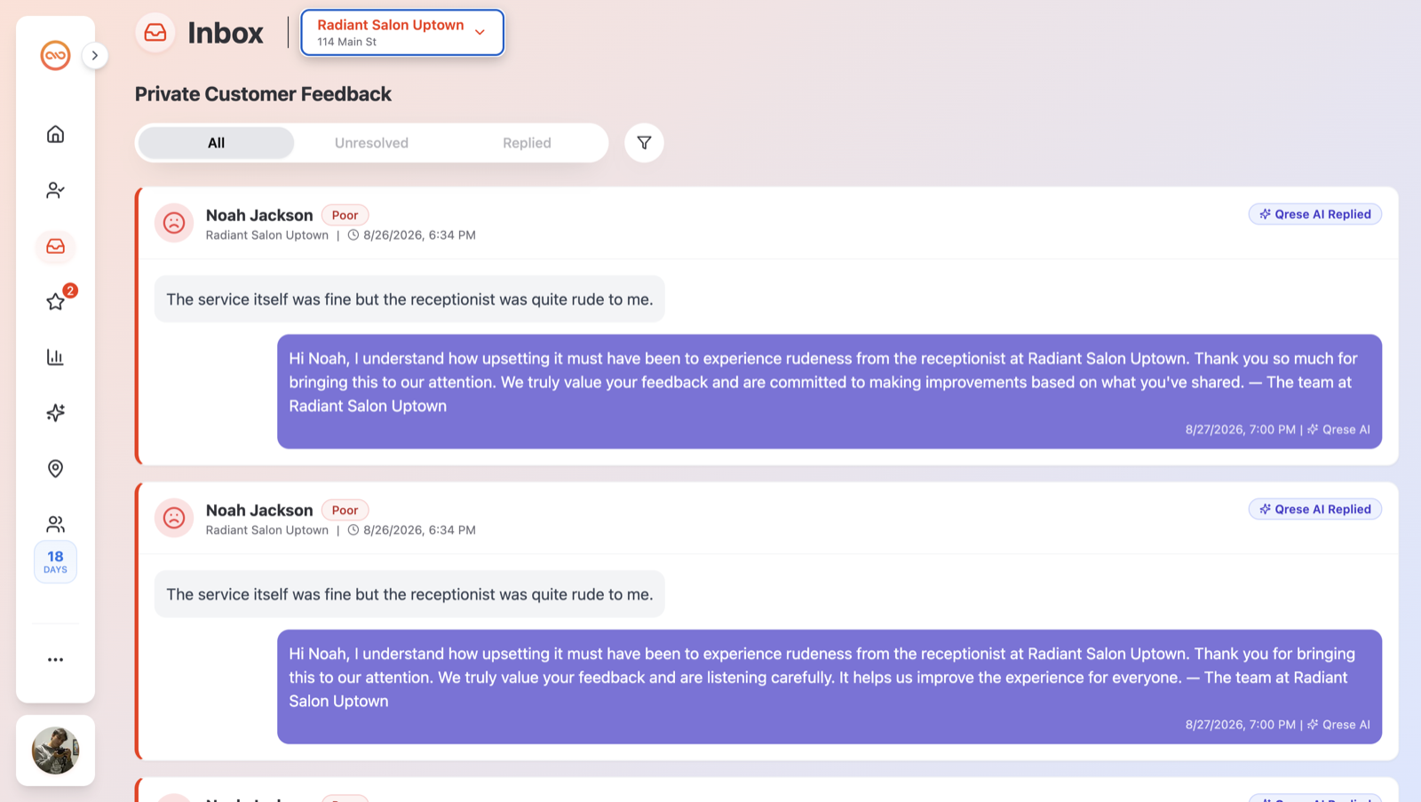 Inbox page showing the Private Customer