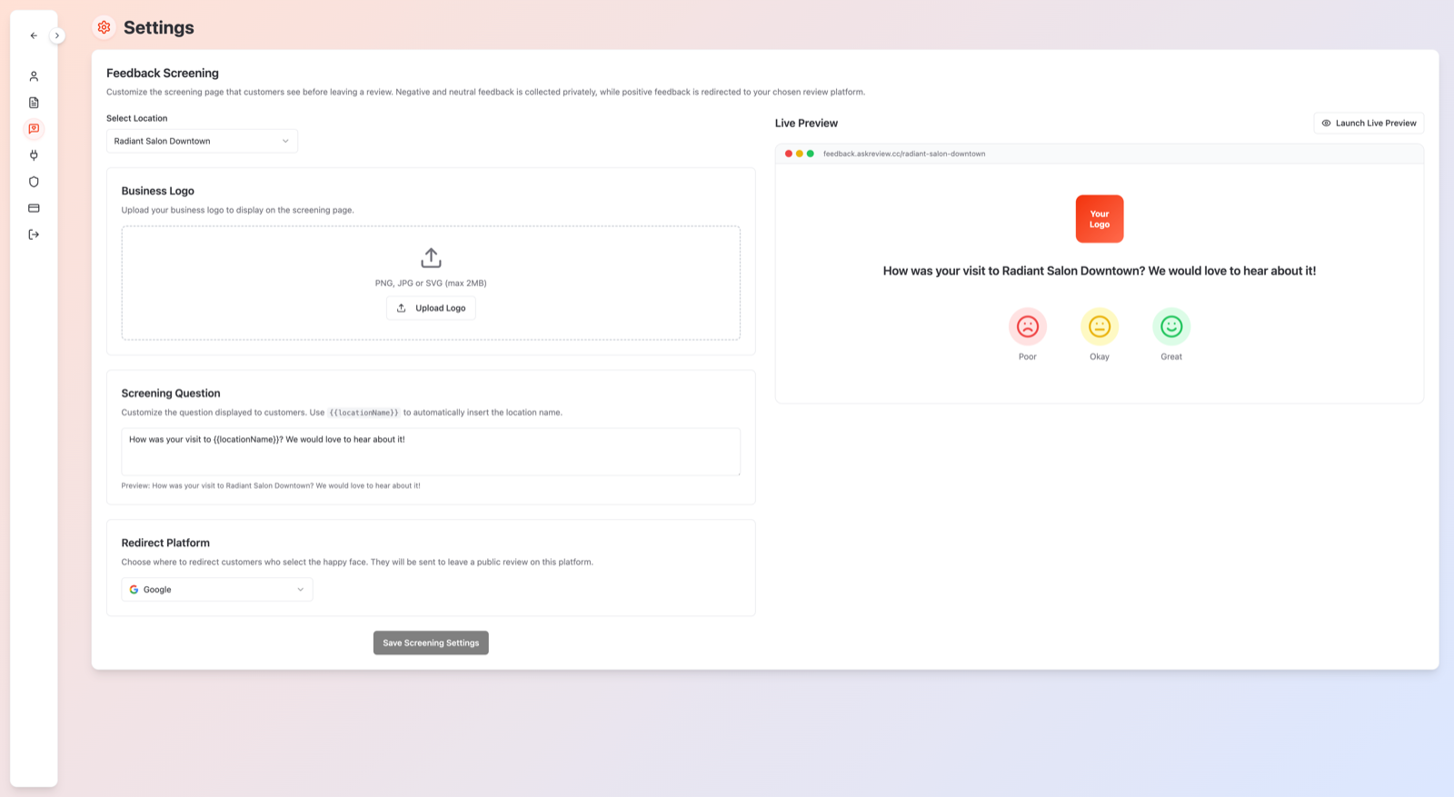 Feedback Screening settings