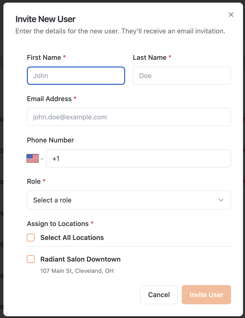 Invite New User dialog