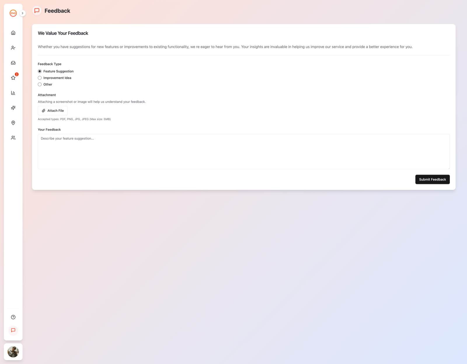 Feedback page with the form